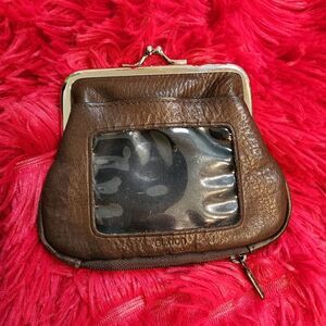 Vintage Brown Genuine Pebbled Leather Coin Pouch with Silver Toned Kiss Lock